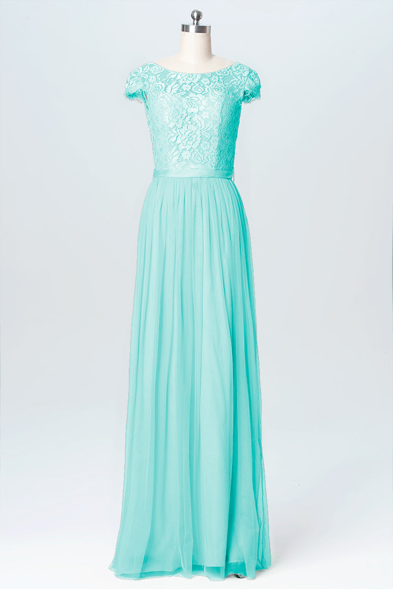 Lace Column Scoop Neck Cap Sleeve Bridesmaid Dress-B03063