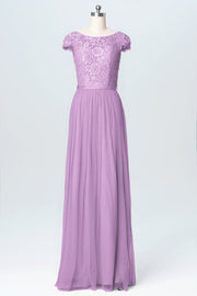 Lace Column Scoop Neck Cap Sleeve Bridesmaid Dress-B03063