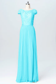 Lace Column Scoop Neck Cap Sleeve Bridesmaid Dress-B03063