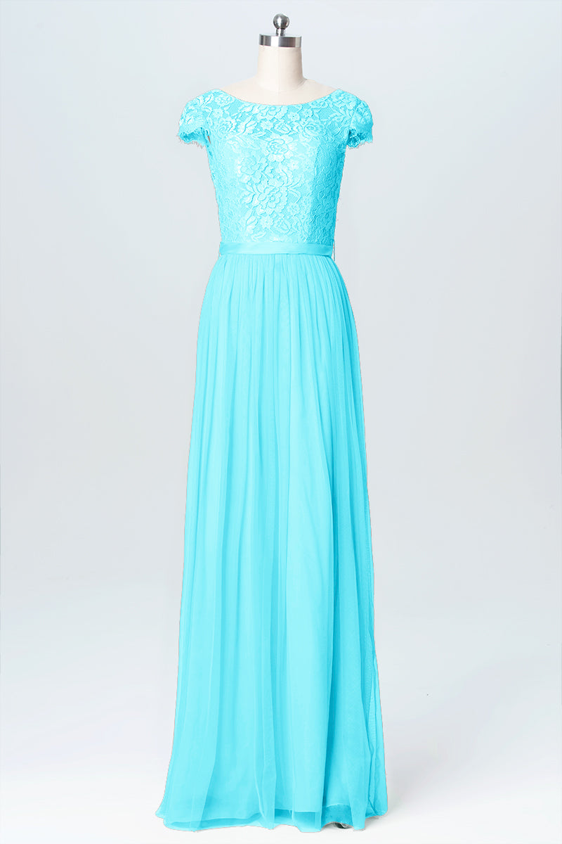 Lace Column Scoop Neck Cap Sleeve Bridesmaid Dress-B03063