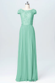 Lace Column Scoop Neck Cap Sleeve Bridesmaid Dress-B03063