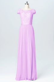 Lace Column Scoop Neck Cap Sleeve Bridesmaid Dress-B03063