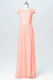 Lace Column Scoop Neck Cap Sleeve Bridesmaid Dress-B03063