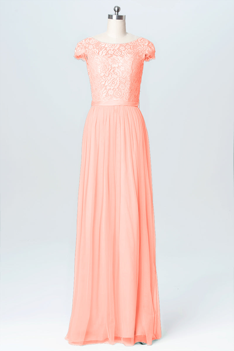 Lace Column Scoop Neck Cap Sleeve Bridesmaid Dress-B03063