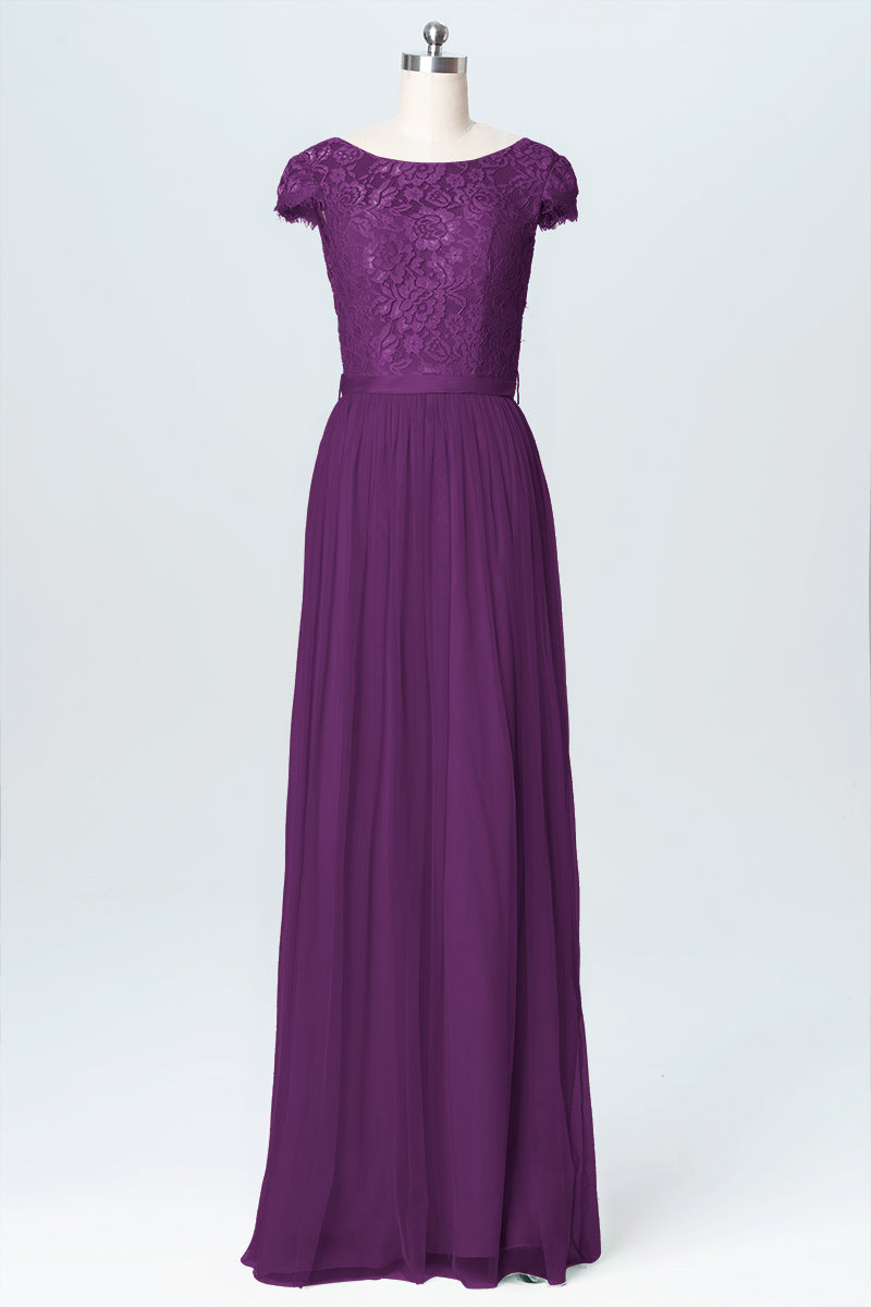 Lace Column Scoop Neck Cap Sleeve Bridesmaid Dress-B03063