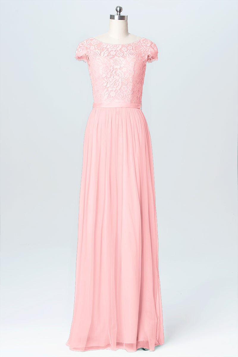 Lace Column Scoop Neck Cap Sleeve Bridesmaid Dress-B03063