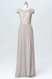 Lace Column Scoop Neck Cap Sleeve Bridesmaid Dress-B03063