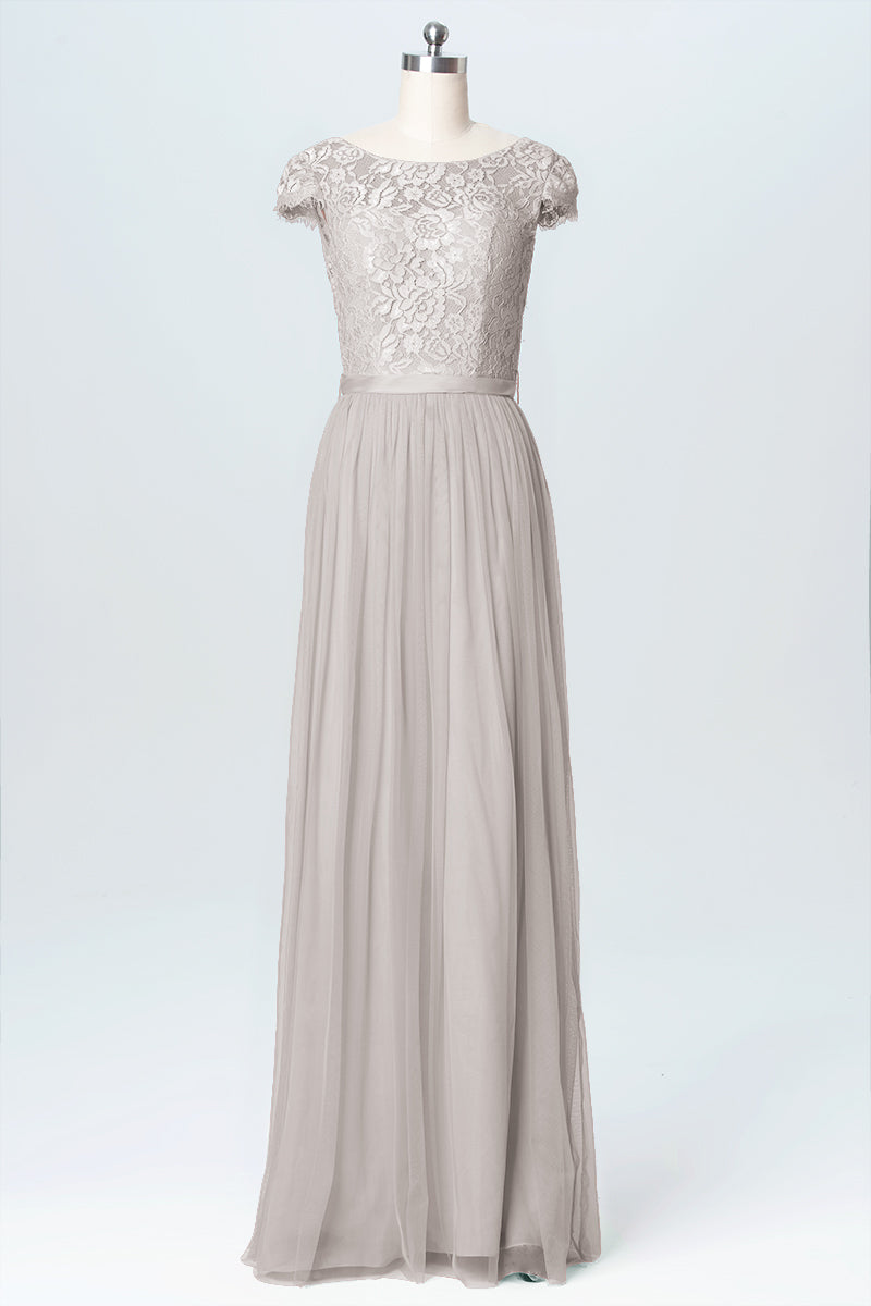 Lace Column Scoop Neck Cap Sleeve Bridesmaid Dress-B03063