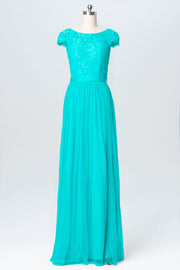 Lace Column Scoop Neck Cap Sleeve Bridesmaid Dress-B03063