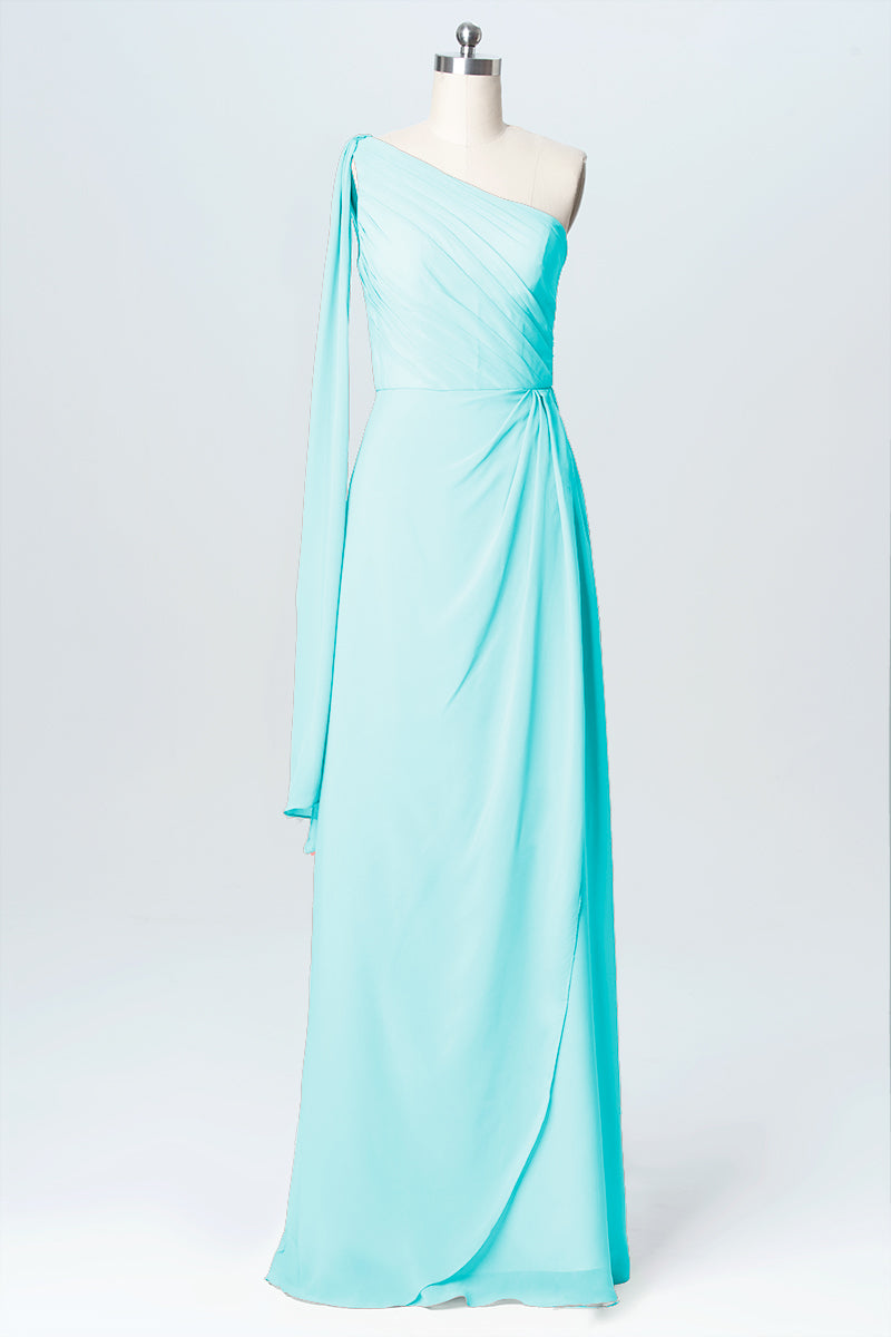 Chiffon Column One Shoulder Sleeveless Bridesmaid Dress-B03065