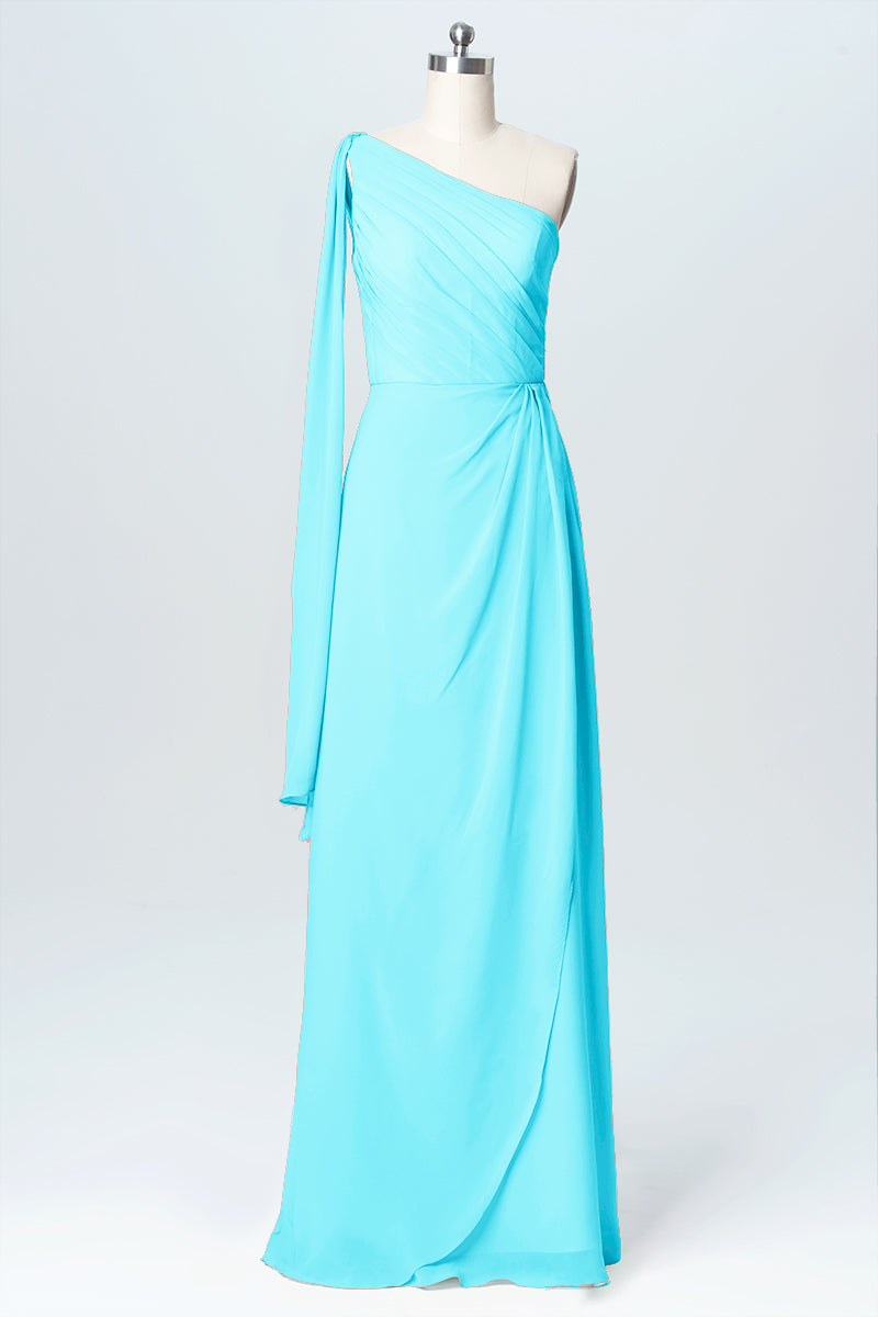 Chiffon Column One Shoulder Sleeveless Bridesmaid Dress-B03065