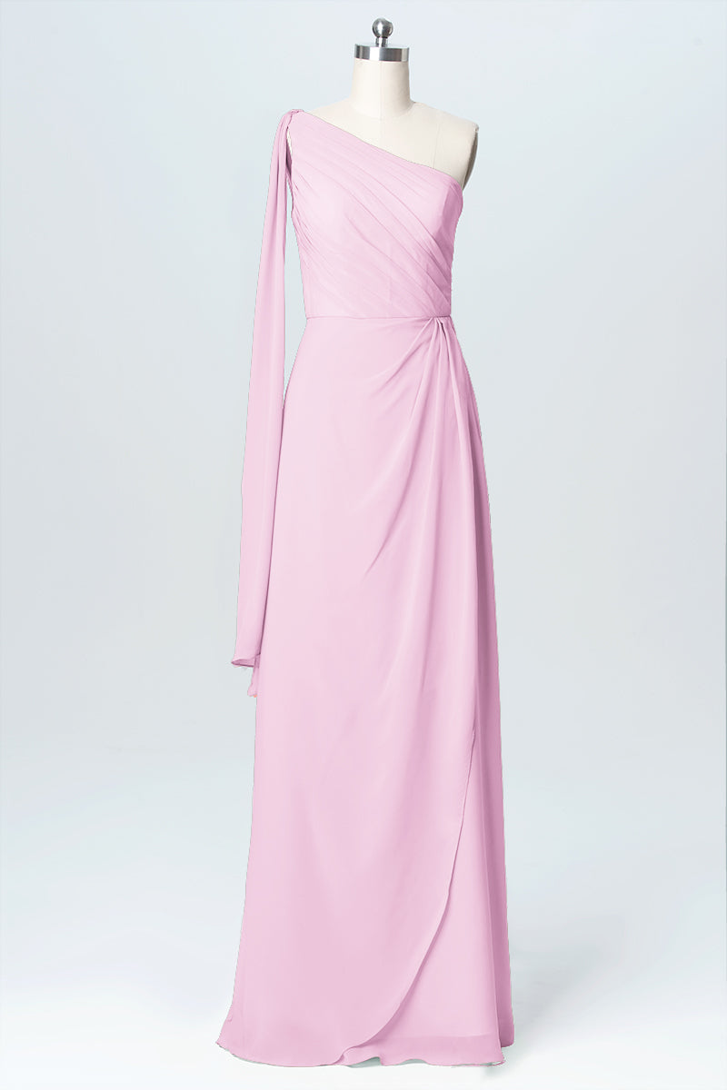 Chiffon Column One Shoulder Sleeveless Bridesmaid Dress-B03065