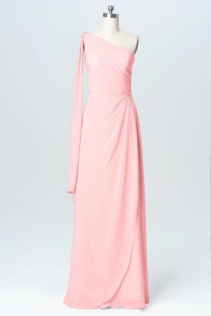 Chiffon Column One Shoulder Sleeveless Bridesmaid Dress-B03065