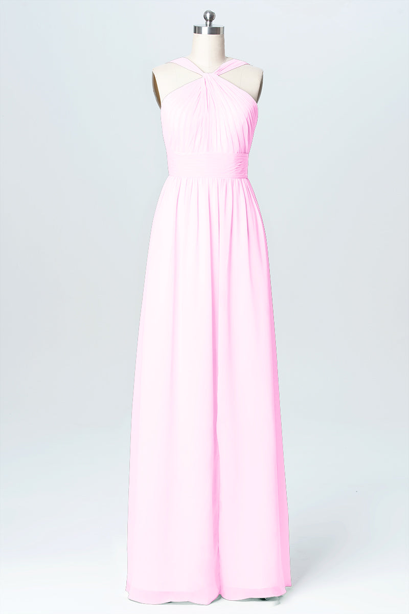 Chiffon Column Criss Cross Straps Sleeveless Bridesmaid Dress-B03067