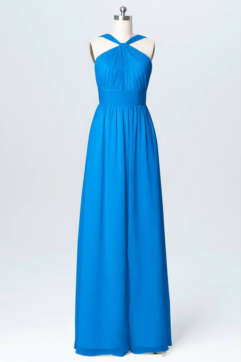 Chiffon Column Criss Cross Straps Sleeveless Bridesmaid Dress-B03067