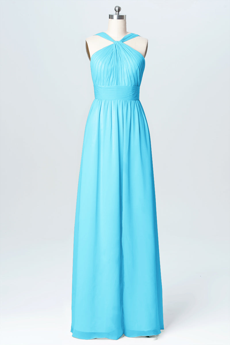 Chiffon Column Criss Cross Straps Sleeveless Bridesmaid Dress-B03067