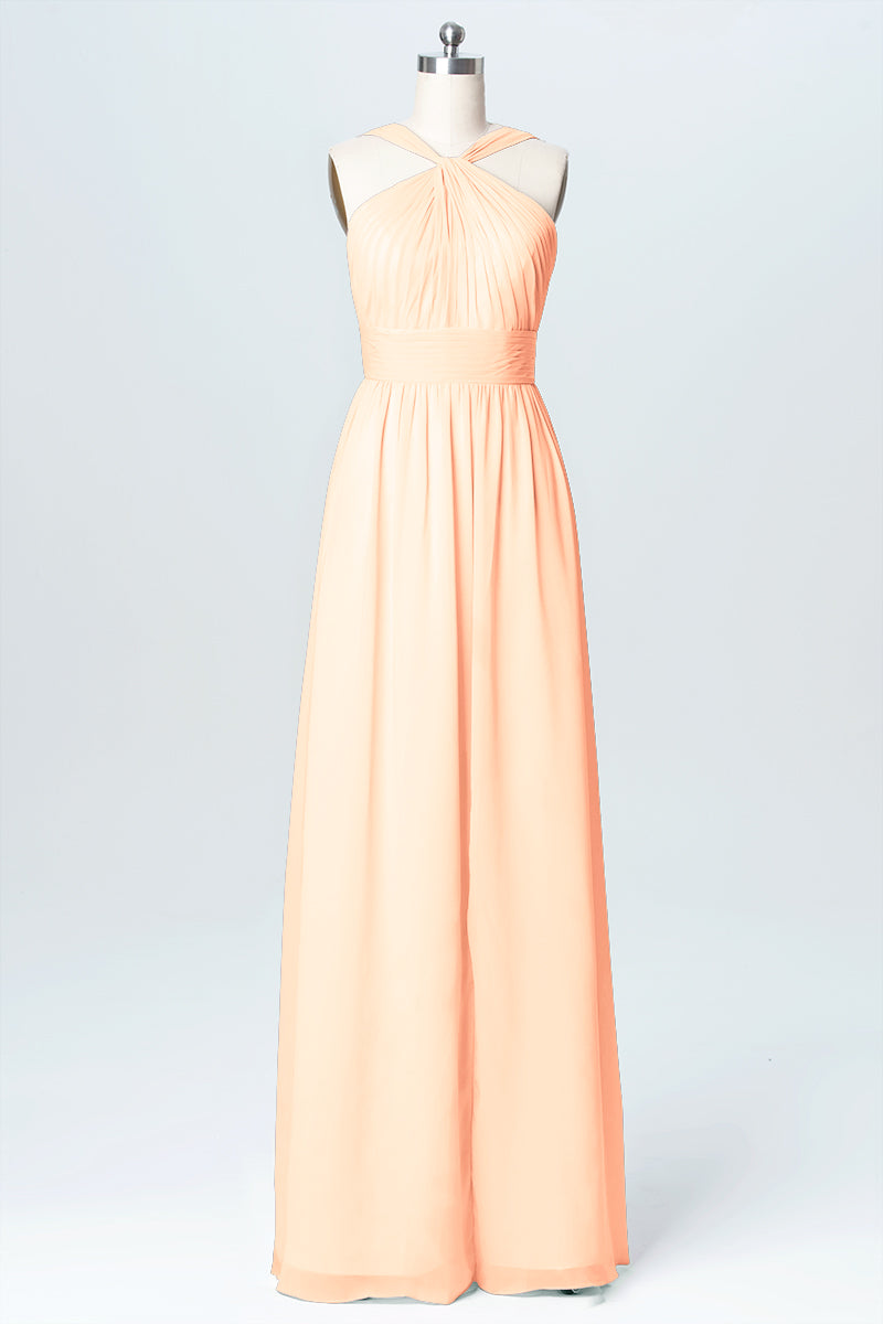 Chiffon Column Criss Cross Straps Sleeveless Bridesmaid Dress-B03067
