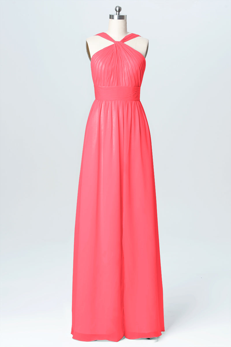 Chiffon Column Criss Cross Straps Sleeveless Bridesmaid Dress-B03067