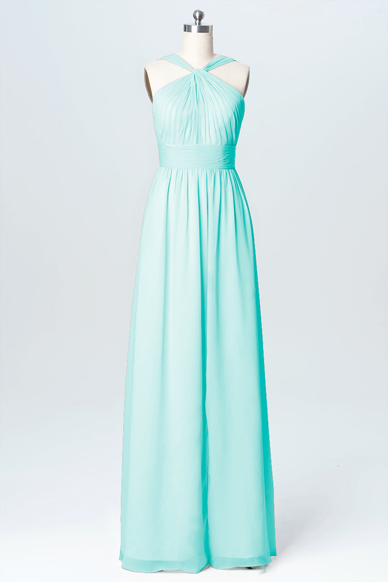 Chiffon Column Criss Cross Straps Sleeveless Bridesmaid Dress-B03067