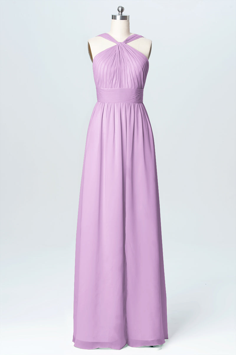 Chiffon Column Criss Cross Straps Sleeveless Bridesmaid Dress-B03067