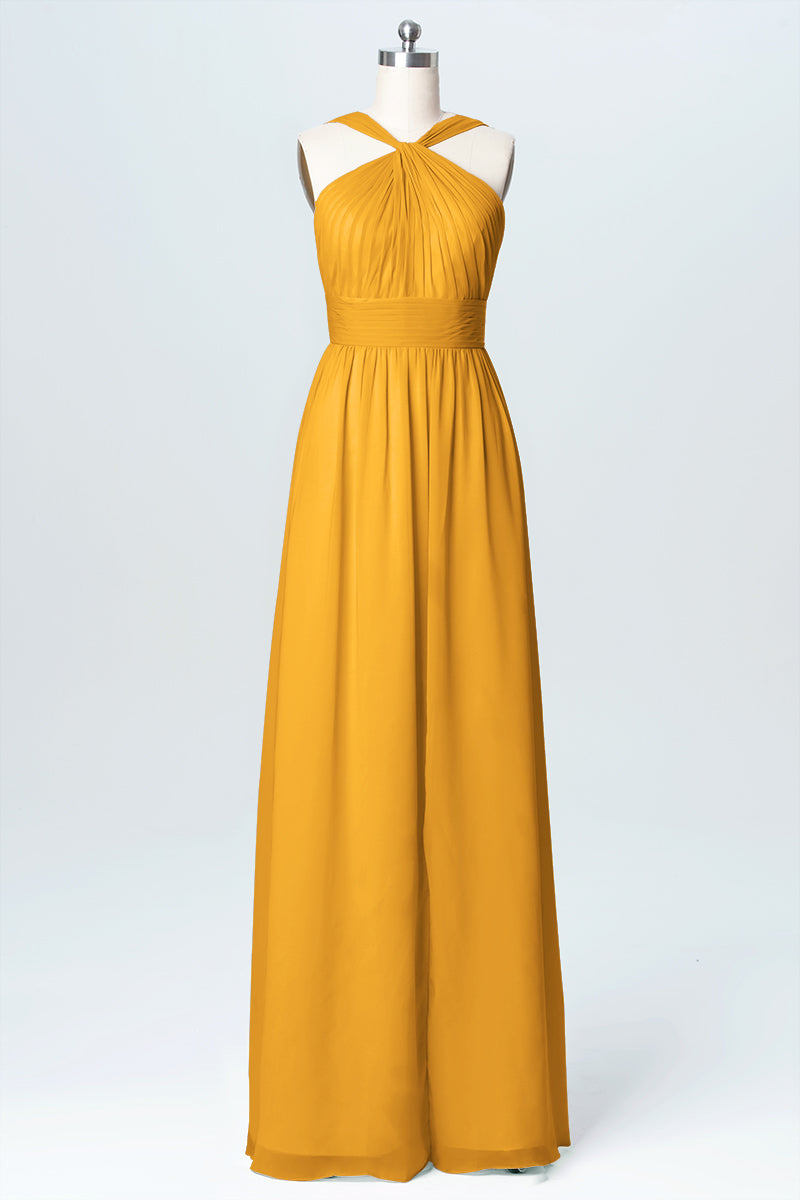 Chiffon Column Criss Cross Straps Sleeveless Bridesmaid Dress-B03067