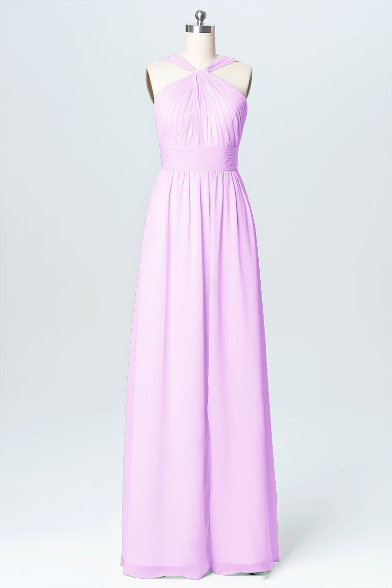 Chiffon Column Criss Cross Straps Sleeveless Bridesmaid Dress-B03067