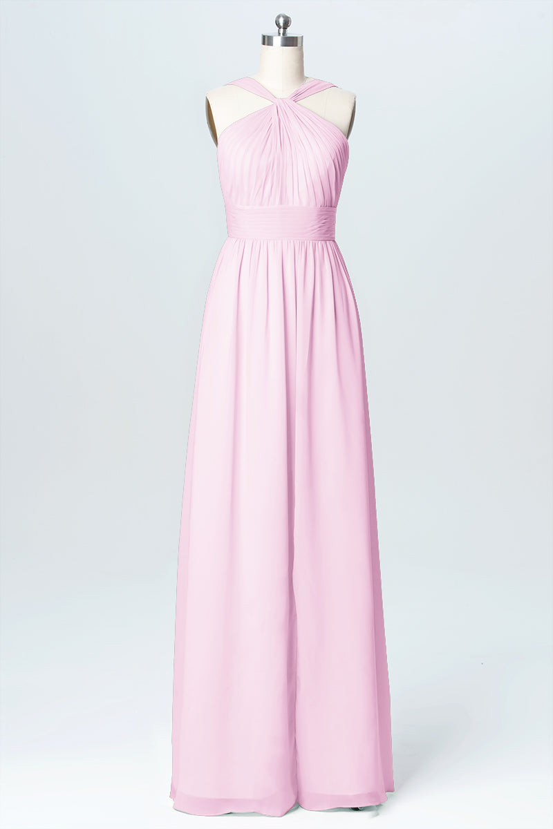 Chiffon Column Criss Cross Straps Sleeveless Bridesmaid Dress-B03067