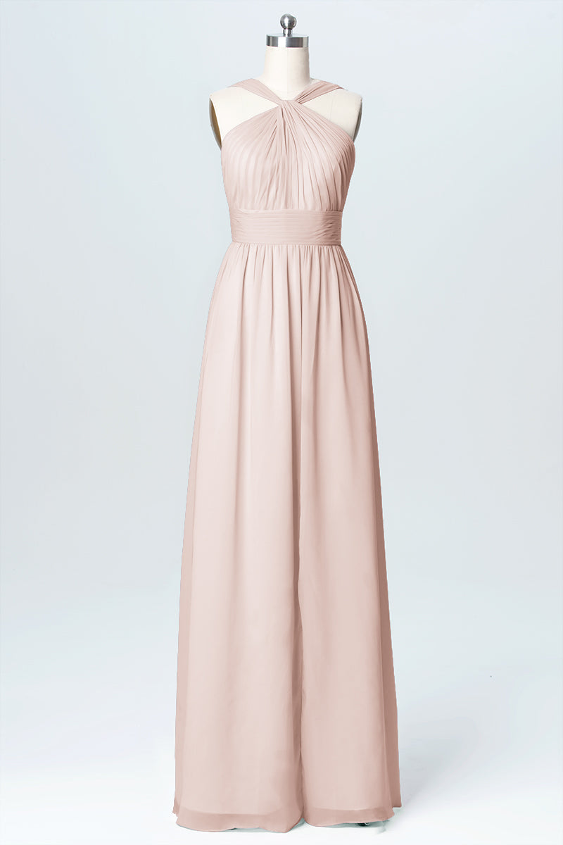 Chiffon Column Criss Cross Straps Sleeveless Bridesmaid Dress-B03067