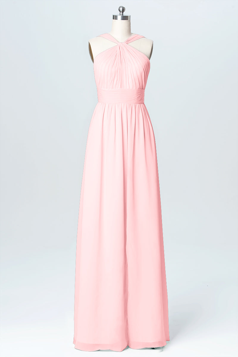 Chiffon Column Criss Cross Straps Sleeveless Bridesmaid Dress-B03067