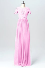 Lace Column Jewel Neck Short Sleeves Bridesmaid Dress-B03075