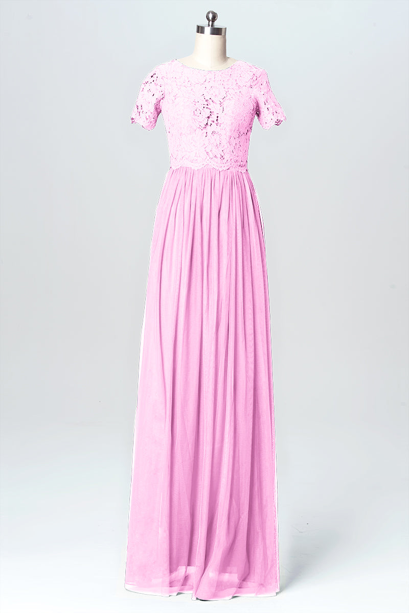Lace Column Jewel Neck Short Sleeves Bridesmaid Dress-B03075