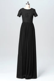 Lace Column Jewel Neck Short Sleeves Bridesmaid Dress-B03075