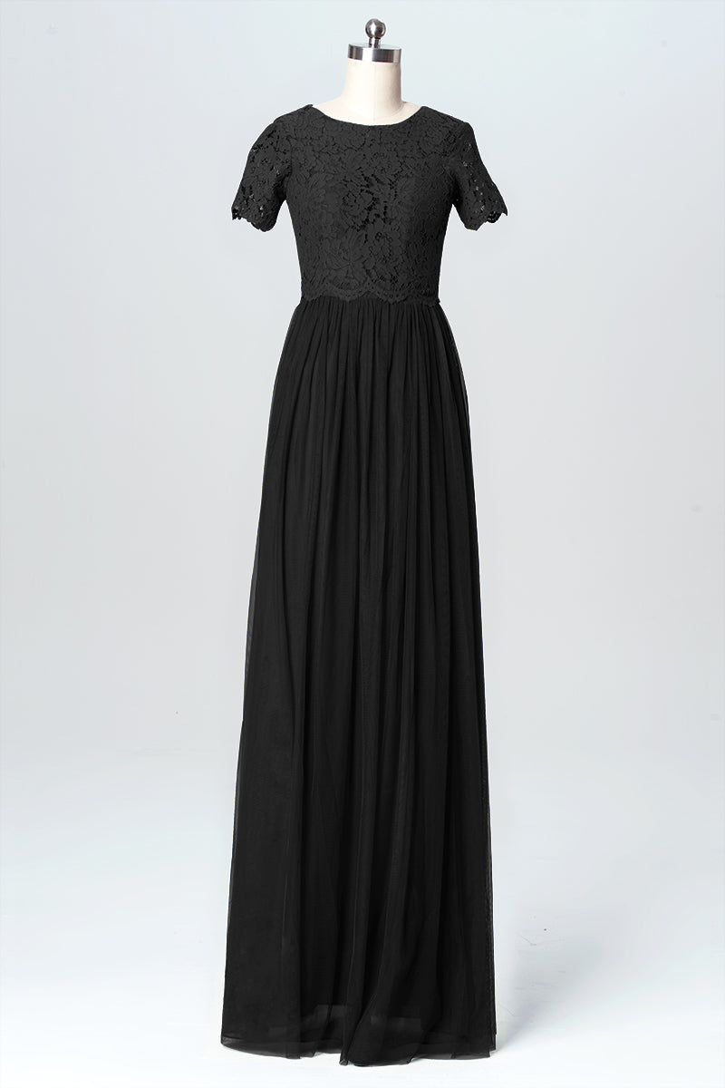 Lace Column Jewel Neck Short Sleeves Bridesmaid Dress-B03075