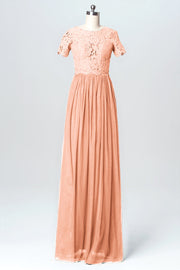 Lace Column Jewel Neck Short Sleeves Bridesmaid Dress-B03075