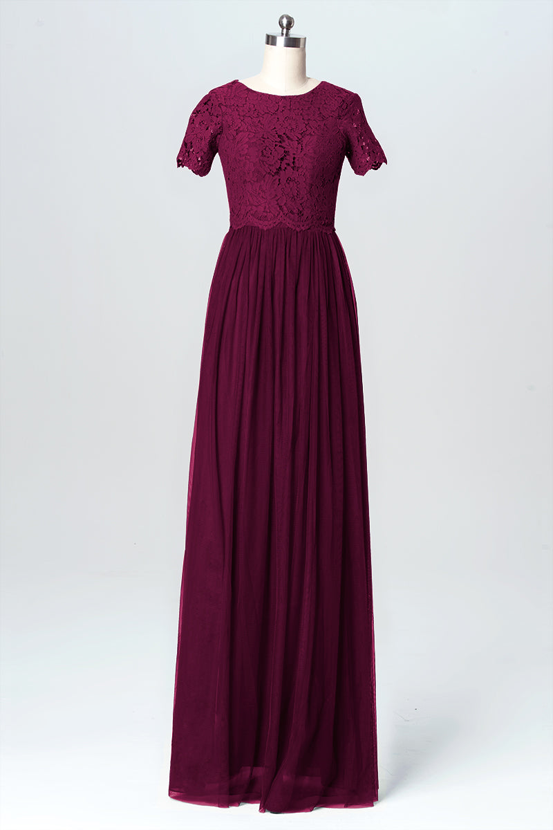 Lace Column Jewel Neck Short Sleeves Bridesmaid Dress-B03075