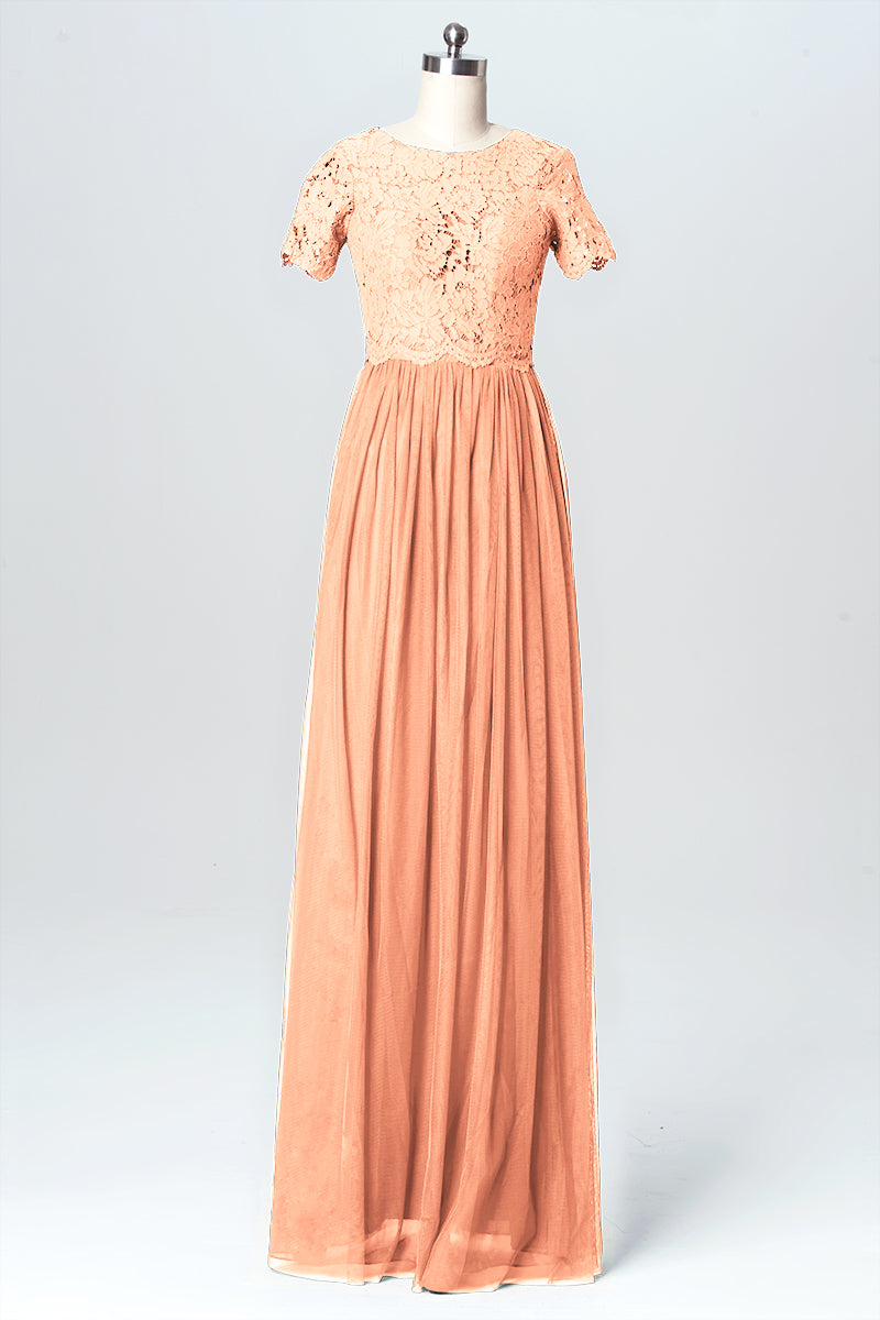 Lace Column Jewel Neck Short Sleeves Bridesmaid Dress-B03075
