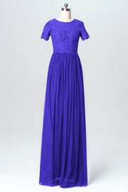 Lace Column Jewel Neck Short Sleeves Bridesmaid Dress-B03075