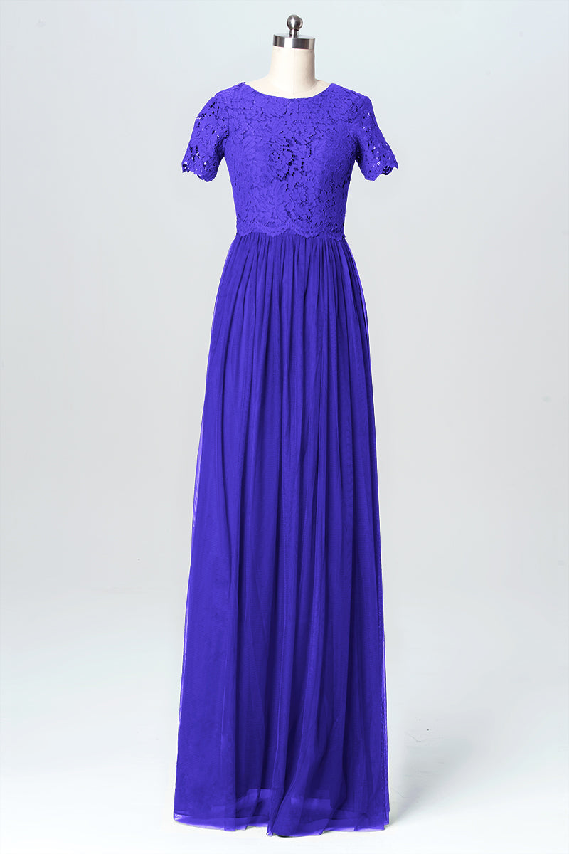Lace Column Jewel Neck Short Sleeves Bridesmaid Dress-B03075