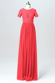 Lace Column Jewel Neck Short Sleeves Bridesmaid Dress-B03075