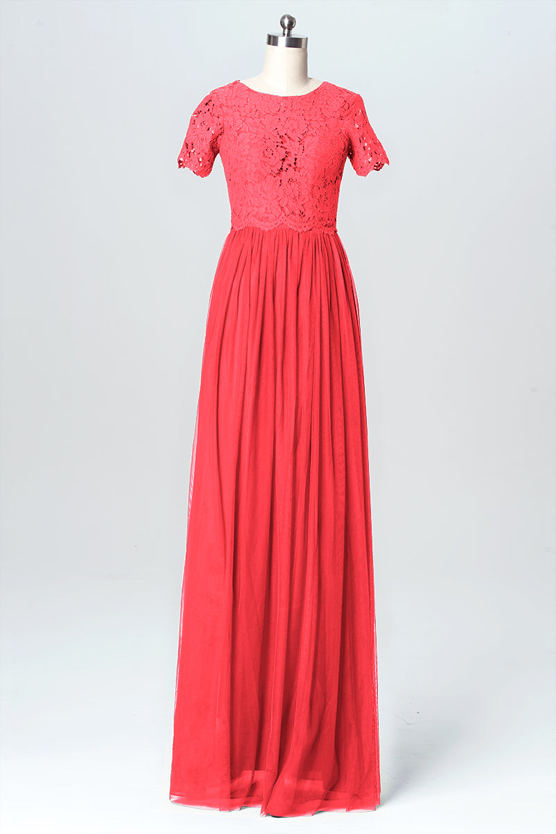 Lace Column Jewel Neck Short Sleeves Bridesmaid Dress-B03075