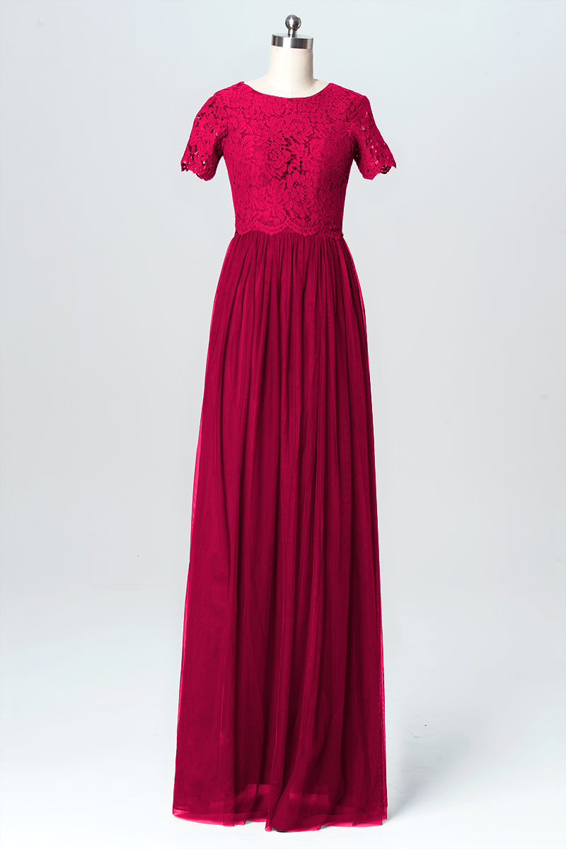 Lace Column Jewel Neck Short Sleeves Bridesmaid Dress-B03075