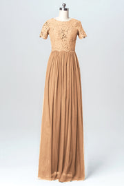 Lace Column Jewel Neck Short Sleeves Bridesmaid Dress-B03075