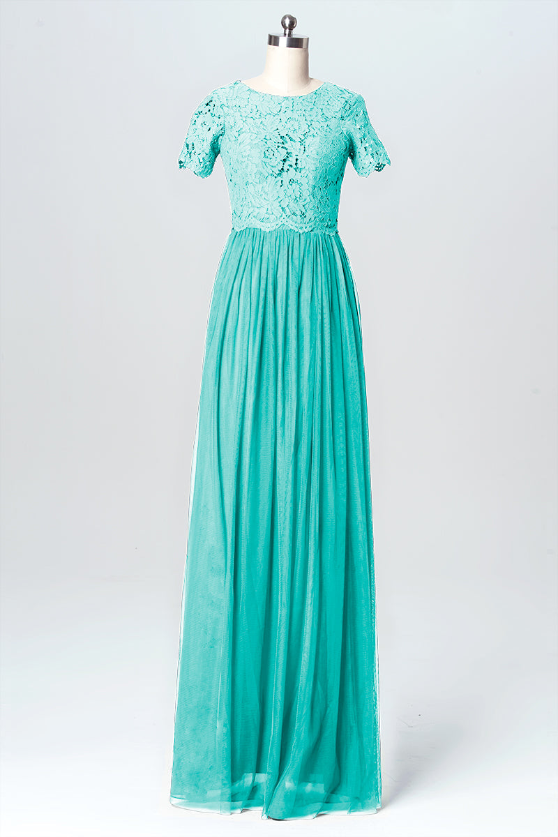 Lace Column Jewel Neck Short Sleeves Bridesmaid Dress-B03075