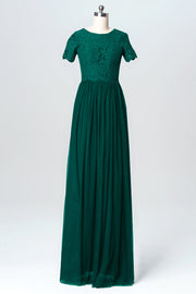 Lace Column Jewel Neck Short Sleeves Bridesmaid Dress-B03075