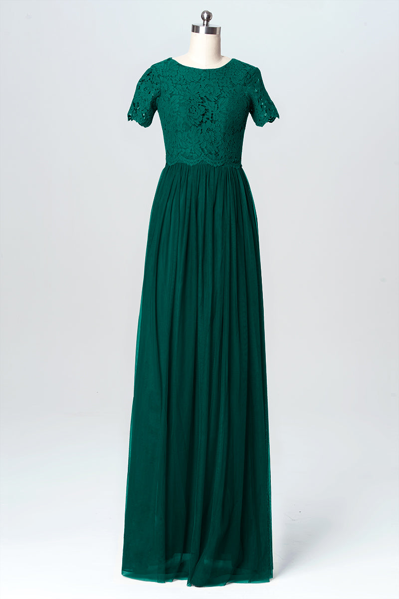Lace Column Jewel Neck Short Sleeves Bridesmaid Dress-B03075