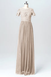 Lace Column Jewel Neck Short Sleeves Bridesmaid Dress-B03075