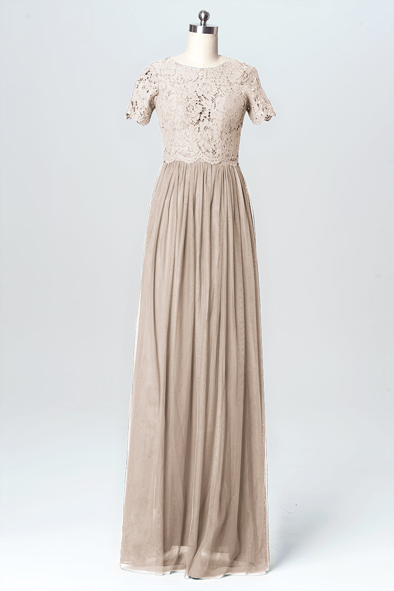 Lace Column Jewel Neck Short Sleeves Bridesmaid Dress-B03075