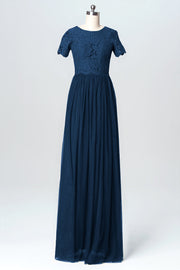 Lace Column Jewel Neck Short Sleeves Bridesmaid Dress-B03075