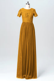 Lace Column Jewel Neck Short Sleeves Bridesmaid Dress-B03075