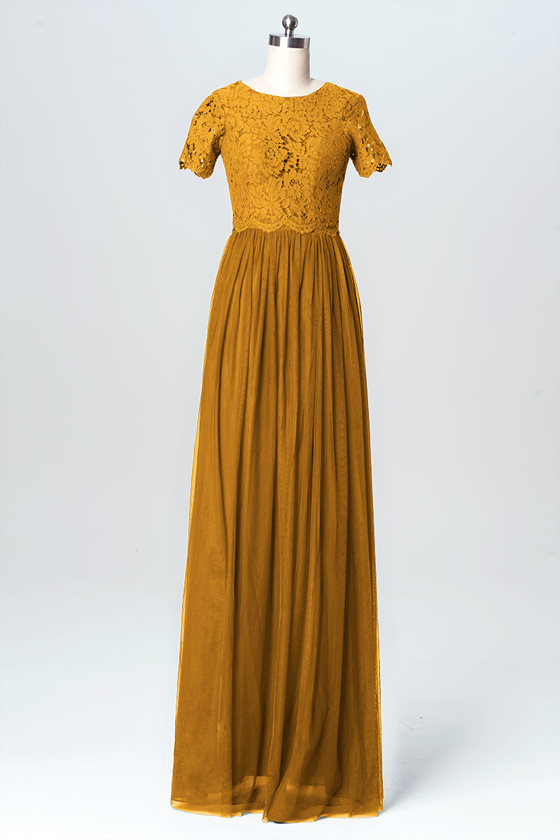 Lace Column Jewel Neck Short Sleeves Bridesmaid Dress-B03075